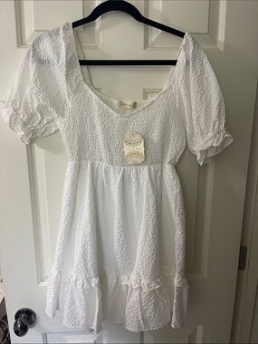Altar'd State White Textured Smocked Puff-Sleeve Dress
